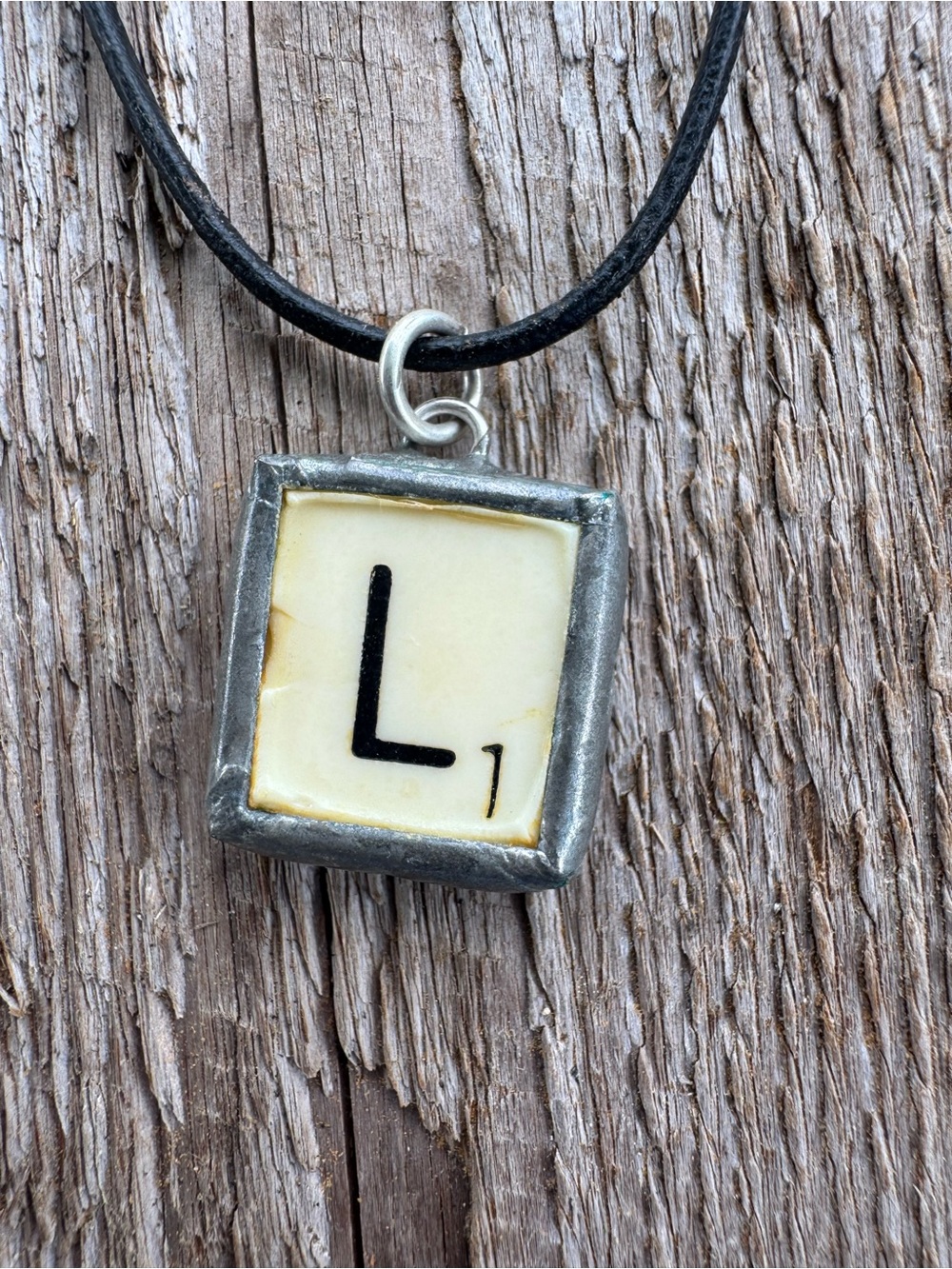Initial 'L' Tile Pendant Necklace in Cream and Black